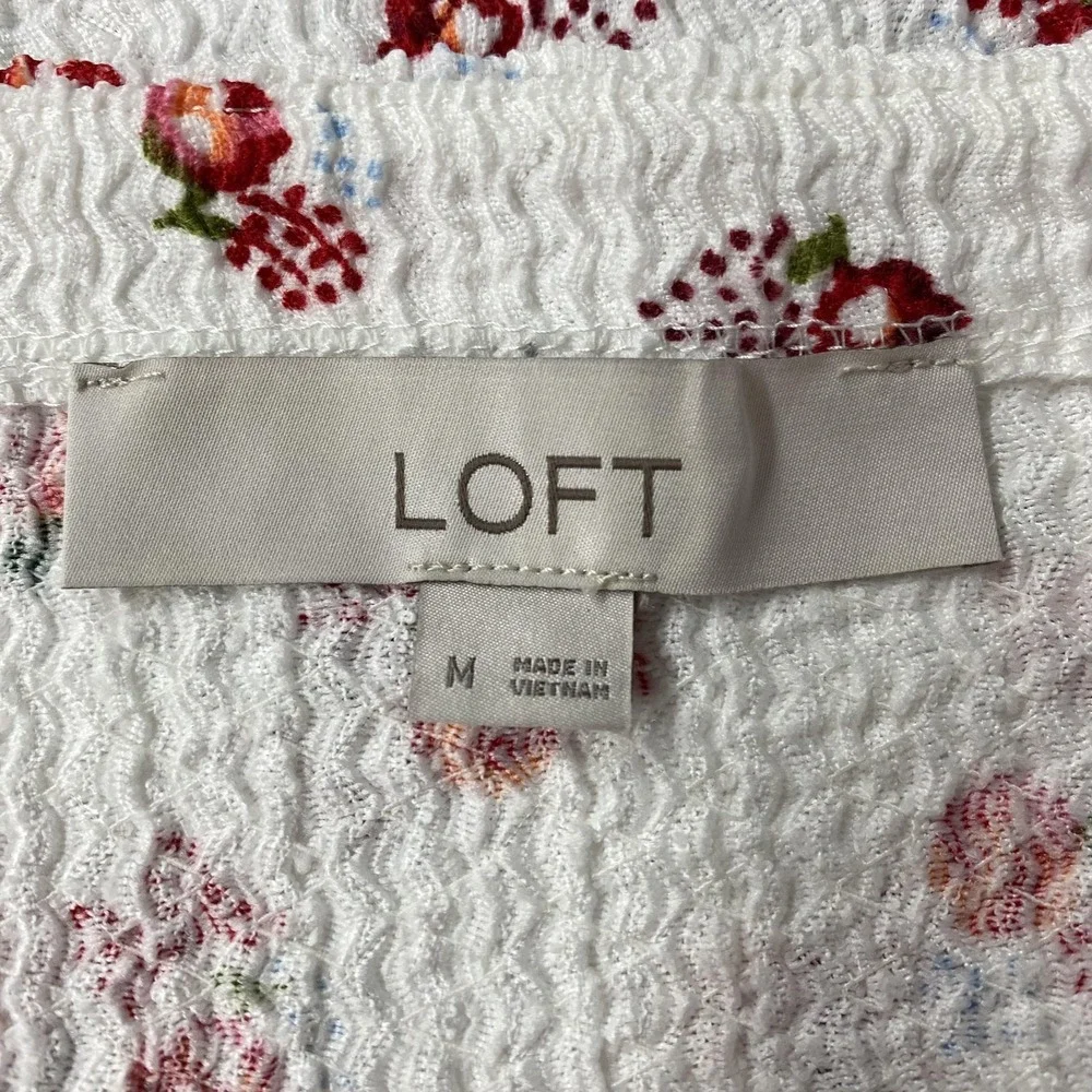 LOFT Shirt Womens Medium White Floral Smocked Square Neck Puff Sleeve Top Cottag